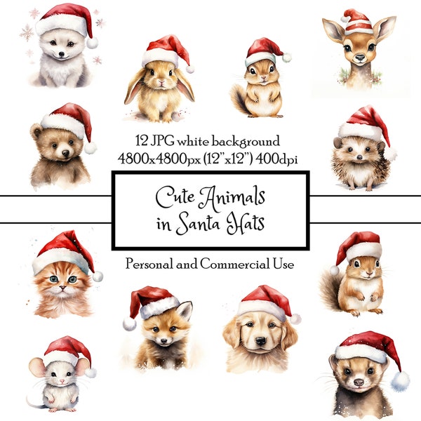 Cute Animals in Santa Hats 12 JPG Watercolor Clipart Instant Download | Cards Junk Journal Collage Scrapbooking Fussy Cut | Commercial Use