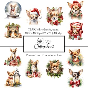 Vakantie Chihuahuas kersthonden 12 JPG aquarel clipart Instant Download | Kaarten Junk Journal Collage Scrapbooking | Commercieel gebruik