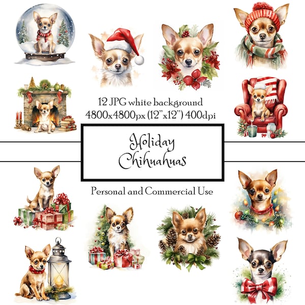 Holiday Chihuahuas Christmas Dogs 12 JPG Watercolor Clipart Instant Download | Cards Junk Journal Collage Scrapbooking | Commercial Use