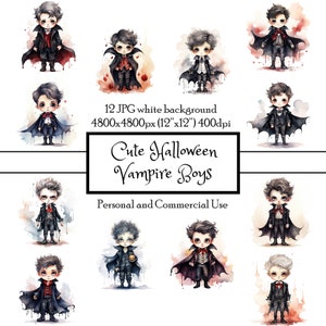 Cute Halloween Vampire Boys 12 JPG Watercolor Clipart Instant Download | Cards Junk Journal Collage Scrapbooking Fussy Cut | Commercial Use