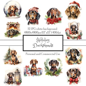 Vacanze bassotto Natale Wiener Dog 12 JPG Acquerello Clipart Download immediato / Carte Junk Journal Collage Scrapbooking / Uso commerciale