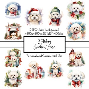 Holiday Bichon Frise Christmas Dogs 12 JPG Acuarela Clipart Descarga instantánea / Tarjetas Junk Journal Collage Scrapbooking / Uso comercial