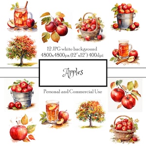 Pomme saison cidre arbres 12 JPG aquarelle Clipart Téléchargement instantané | Cartes Junk Journal Collage Scrapbooking Fussy Cut | Un usage commercial
