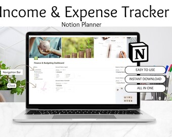 May include: A laptop displaying a finance and budgeting dashboard, with the text "Income & Expense Tracker" and "Notion Planner" at the top. The screen shows a menu, account status, and income records. Additional text includes "Easy to Use", "Instant Download", and "All in One".