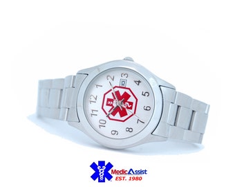 Men's stainless steel case watch with date and stainless steel heavy link band