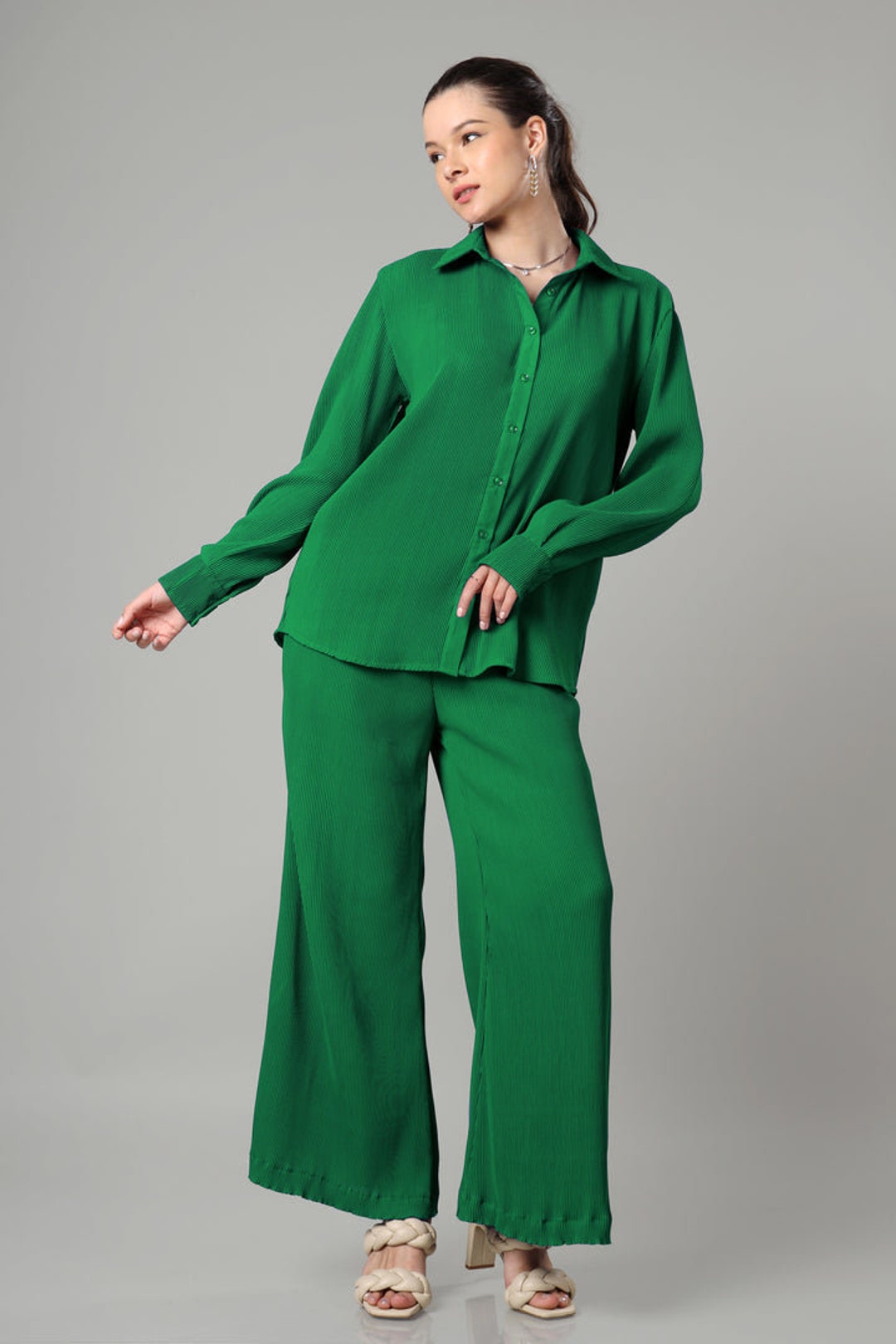 LINEN PANT SUIT High Waist Pants Button Down Shirt Women Party Wear linen-pant-suit-high-waist-pants-button-down-shirt-women-party-wear