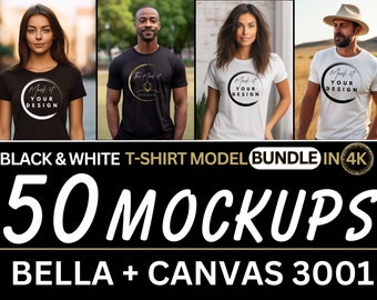 Paquete de maquetas Bella Canvas 3001, Paquete de maquetas de camisetas blancas y negras, Paquete de maquetas de modelos, 50 maquetas, Maqueta masculina y femenina, STUDIO 4K