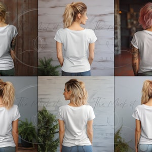 Puede incluir: Una camiseta blanca de manga corta y corte holgado. La camiseta se muestra en una modelo de espaldas, con la modelo llevando jeans y una coleta.