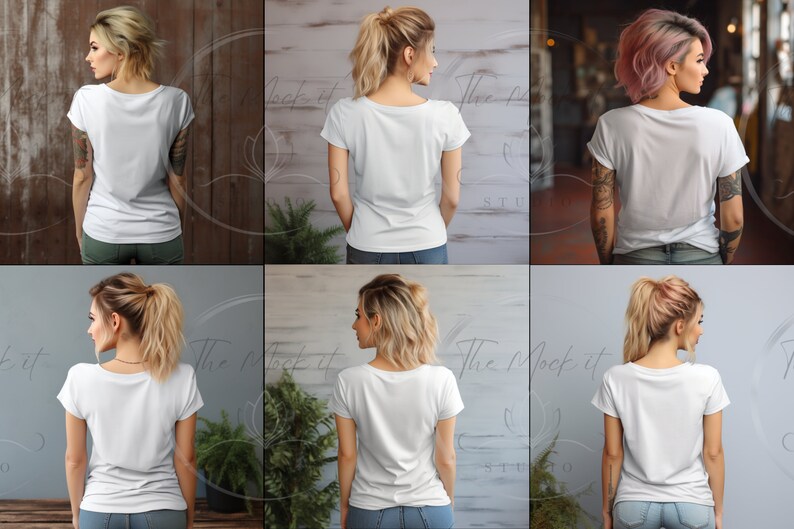 Puede incluir: Una camiseta blanca de manga corta y corte holgado. La camiseta se muestra en una modelo de espaldas, con la modelo llevando jeans y una coleta.