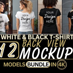 Puede incluir: Vista posterior de 12 maquetas de camisetas con modelos que llevan camisetas blancas y negras con el texto "Your Design Here" impreso en la espalda.