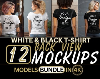 Paquete de maquetas de camisetas, maquetas Bella Canvas 3001 en blanco y negro, espalda de maquetas de camisetas para mujeres, modelos de maquetas de camisas, paquete de maquetas de camisetas para mujeres 12