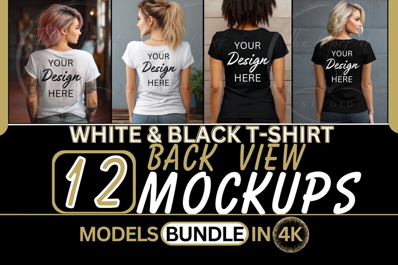 Puede incluir: Vista posterior de 12 maquetas de camisetas con modelos que llevan camisetas blancas y negras con el texto "Your Design Here" impreso en la espalda.