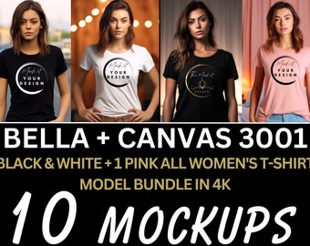 Paquete de maquetas para mujeres Bella Canvas 3001, Paquete de maquetas de camisetas blancas y negras, Paquete de maquetas de modelos, 10 maquetas, Maqueta femenina, ESTUDIO 4K
