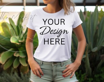 White Bella Canvas 3001 Mockup, T-Shirt Mockup, Boho Styled Shirt Mockup, Summer Mockup, Womens Tee Mock, Plain White TShirt Model Mockup