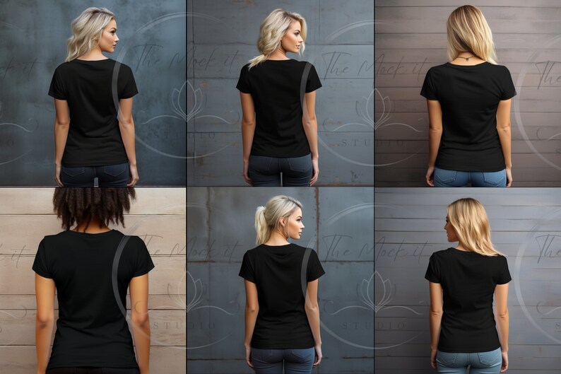 Puede incluir: Cuatro modelos diferentes que llevan camisetas negras de manga corta. Las camisetas son lisas y no tienen gr&aacute;ficos ni texto.