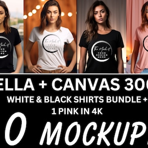 May include: Mockup bundle of 10 t-shirt designs featuring a white, black, and pink t-shirt with a circle design that says "The Mock It Your Design Here".
