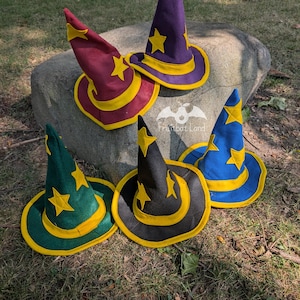 May include: Five pointed wizard hats in purple, maroon, green, black, and blue, each featuring yellow star appliqués and a yellow brim trim. The hats are labeled as small hats measuring 21 inches. A logo with the text Fruitbat Land is visible.