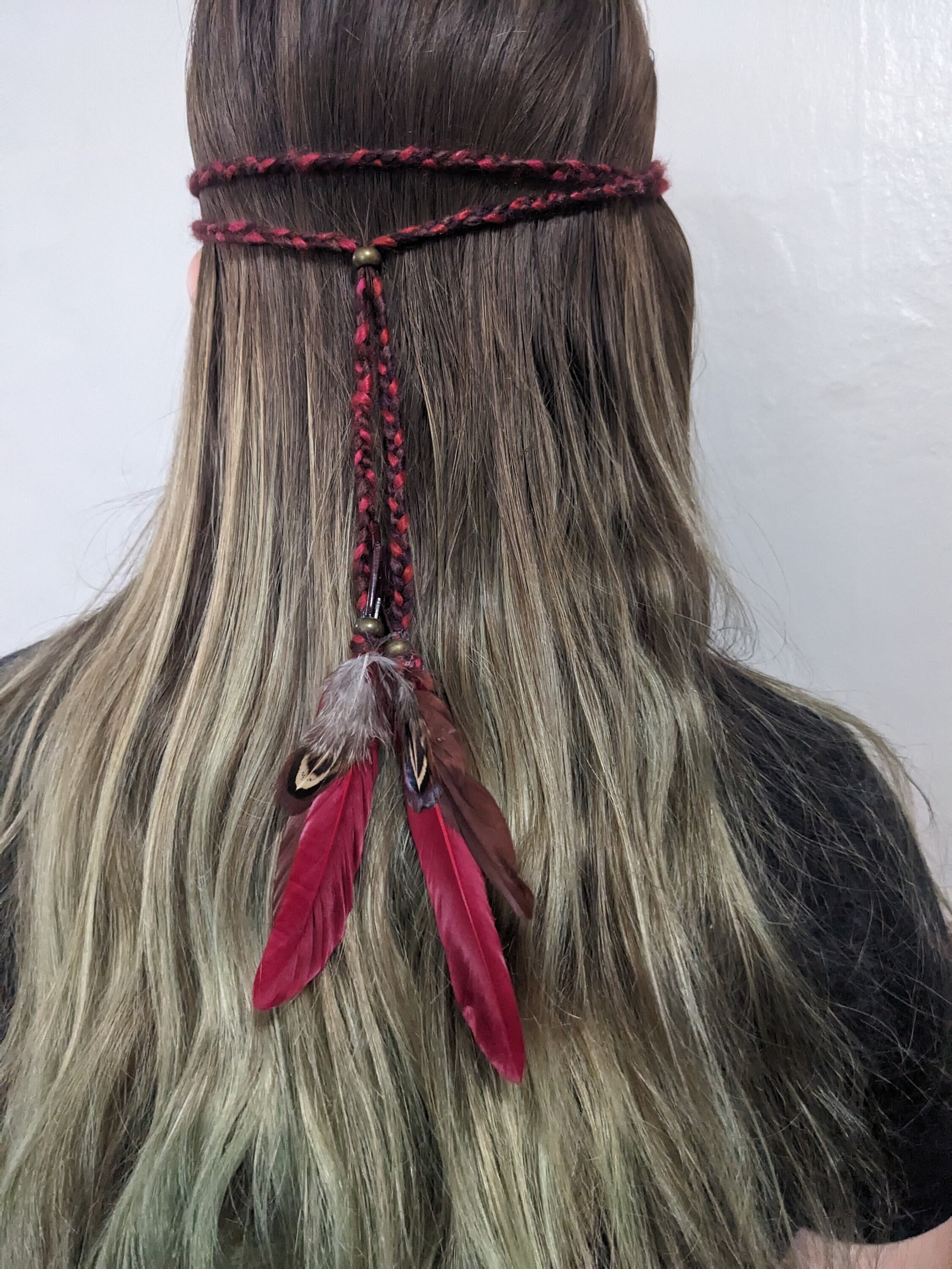 ? Brown Braided Hair Band / Necklace with Beaded Feather Accents Boho Feather Headband, Braided Feather Hair Piece, Feather  main image 4