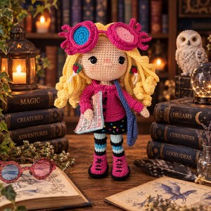 Könnte beinhalten: Eine gehäkelte Puppe mit langem blondem Haar, die eine rosa Brille, eine magentafarbene Jacke, einen schwarzen Rock mit bunten Punkten, gestreifte Leggings und rosa Stiefel trägt. Die Puppe hält ein Magazin namens The Quibbler und eine blaue Tasche.