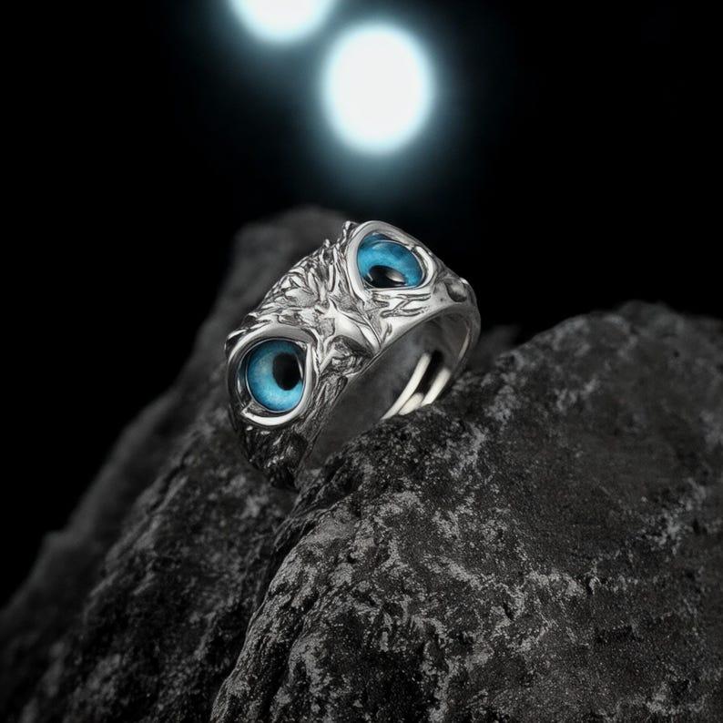 Adjustable Blue Owl Gothic Ring Unique Silver Owl Jewelry Statement