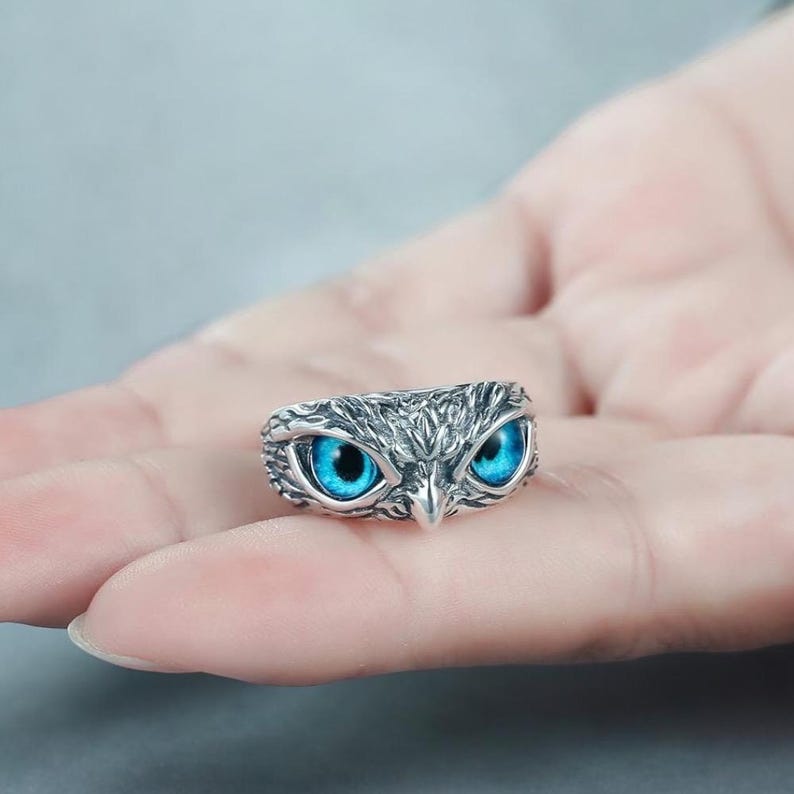 Adjustable Blue Owl Gothic Ring Unique Silver Owl Jewelry Statement