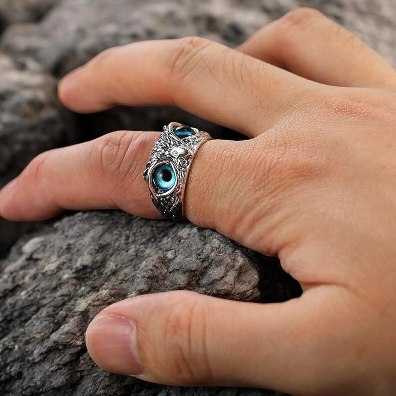 Adjustable Blue Owl Gothic Ring Unique Silver Owl Jewelry Statement