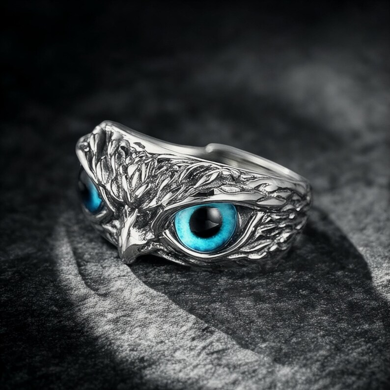 Adjustable Blue Owl Gothic Ring Unique Silver Owl Jewelry Statement