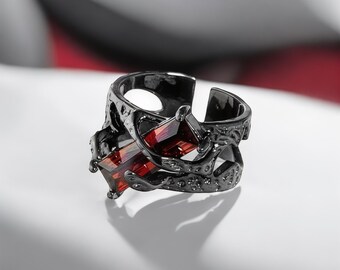 Anillo gotico negro anillo de granate rojo anillo negro estilo punk anillo de plata maciza 925 con rodio negro anillo con engaste pave anillo rojo de tres piedras 6753 Etsy Espana