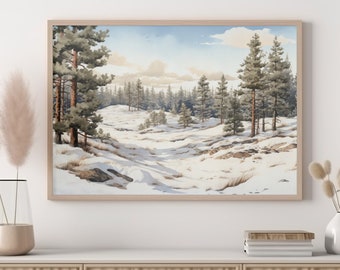 Moody Winter Forest Landscape Painting, Muted Winter Landscape Wall Art, Vintage Christmas Decor, Rustic Country Scenery Farmhouse Decor