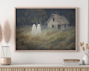 Farm House Ghosts, Dark Academia, Cute Ghost Cottage Core Field Print, Spooky Vintage Poster, Printable Halloween Decor, Halloween Wall Art