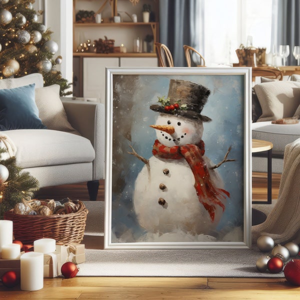 Vintage Snowman Christmas Painting, Rustic Christmas Wall Print,  Cottagecore Decor Wall Art, Christmas Decoration, Winter Snow Man Wall Art
