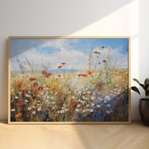 Vintage Wildflower Field Wall Art, Field of Flowers, Country Field, Botanical Meadow Landscape Oil Painting Canvas Print, Nature Wall Decor