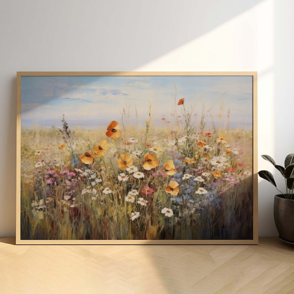 Vintage Landscape Wildflower Field Oil Painting Canvas Print, Flower Wall Art, Botanical Art, Meadow Landscape, Country Field, Floral Art