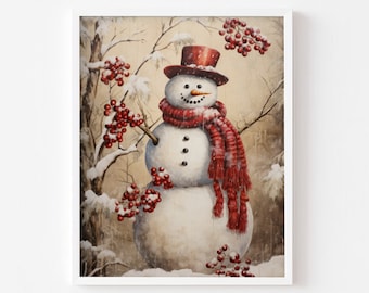 Happy Christmas Snowman Print, Vintage Snowman Christmas Academia, Christmas Cottagecore Decor, Christmas Decoration, Cute Snowman Wall Art