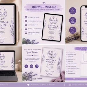 May include: A digital download featuring a symptom and wellness tracker, displayed on a tablet, phone, and laptop. The design includes lavender accents and the text "Track Well Symptom & Wellness Tracker". The image also shows a printout of the tracker.