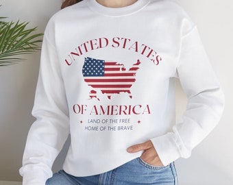 Sudadera unisex Crewneck de EE. UU., sudadera del 4 de julio, sudadera con bandera estadounidense, sudadera patriótica de cuello redondo, Hogar de los Valientes
