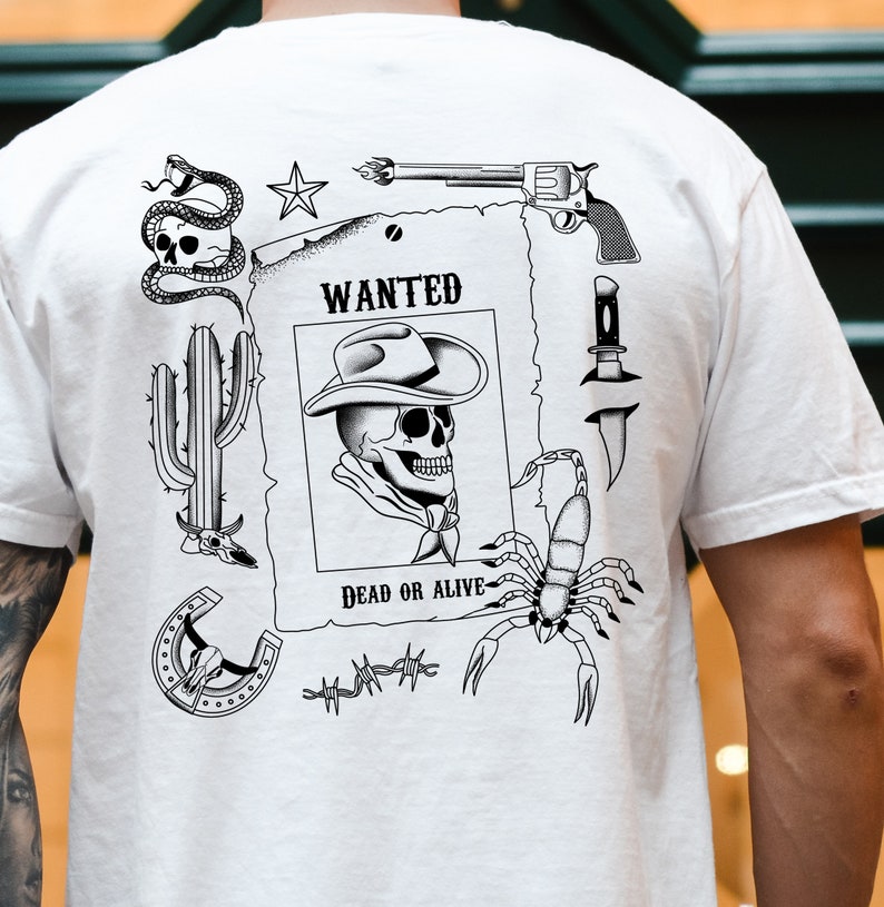 Mens wild western shirt Traditional tattoo flash tshirt Cowboy skull comfort colors graphic tee XS-5XL image 5