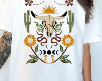 Boho western shirt- Vintage cow skull tattoo flash oversized graphic tee- XS-5XL plus size