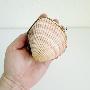 May include: A hinged clam shell container featuring a natural ridged texture with pale pink and cream coloration. The shell is encased in a thin, metallic brass-toned frame with a small circular loop attached to the top edge for hanging purposes.