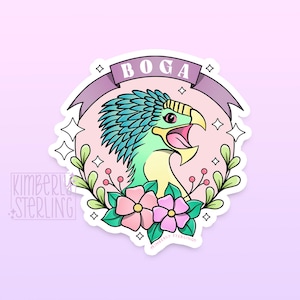 May include: A sticker depicting a cartoon bird with teal and yellow plumage, an open beak, and the word "BOGA" on a banner. The design includes pink flowers, green leaves, and sparkling stars on a light purple background.