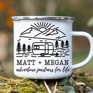 Personalized Couple Camping Mug, Adventure Partners for Life Enamel Mug. Engagement Gift for Couple. Engagement Newlywed Anniversary Gift