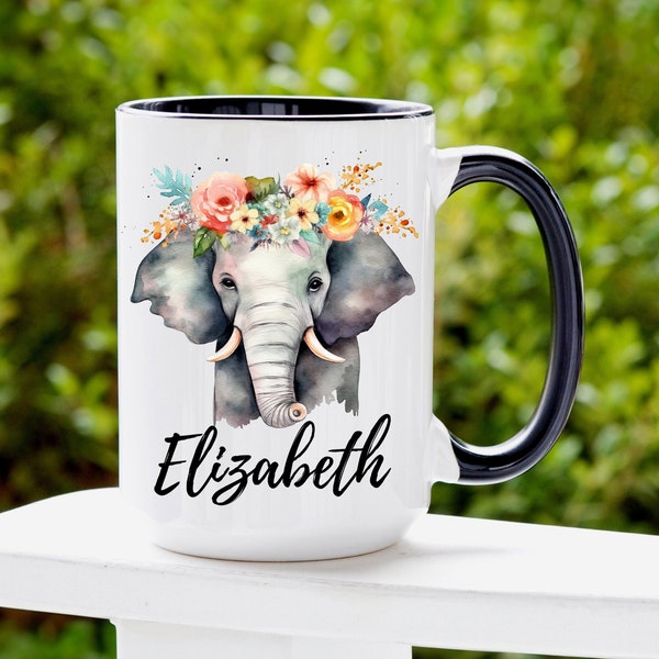 Personalized Elephant Gifts, Custom Elephant Mug with Name, Floral Elephant Gifts for Women, Custom Name Elephant Coffee Cup. Elephant Cup
