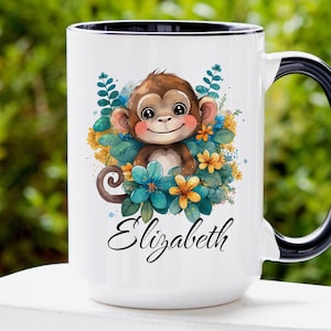Personalized Monkey Floral Coffee Mug - Custom Ceramic Gift