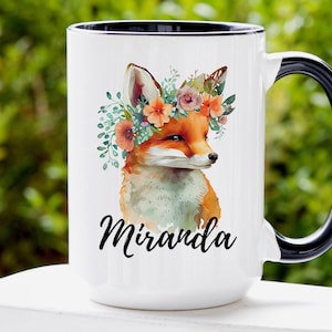 Personalized Fox Mug: Watercolor Floral Ceramic Coffee Cup