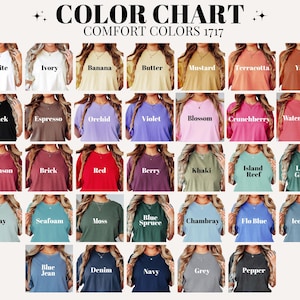 Op de afbeelding: Kleurenkaart met 36 verschillende kleuren t-shirts. De kleuren zijn gerangschikt in rijen en kolommen, met de namen van elke kleur afgedrukt onder het bijbehorende t-shirt. De kaart heeft de titel "Comfort Colors 1717".