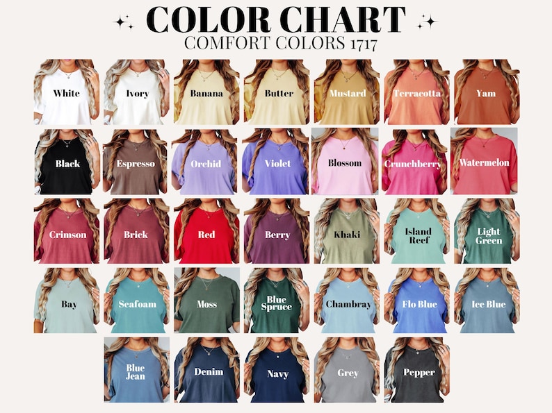 Op de afbeelding: Kleurenkaart met 36 verschillende kleuren t-shirts. De kleuren zijn gerangschikt in rijen en kolommen, met de namen van elke kleur afgedrukt onder het bijbehorende t-shirt. De kaart heeft de titel "Comfort Colors 1717".