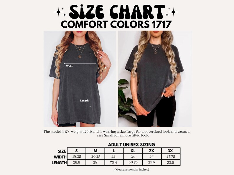 Op de afbeelding: Maattabel voor unisex T-shirts in de maten S, M, L, XL, 2X en 3X. De tabel toont de breedte en lengte in inches. Het model is 1,63 m lang en weegt 54 kg. Het model draagt maat L voor een oversized look en maat S voor een meer aansluitende look.