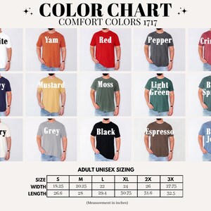 Puede incluir: Carta de colores para camisetas con 18 opciones de colores diferentes. La tabla incluye una tabla de tallas con medidas en pulgadas para S, M, L, XL, 2X y 3X.