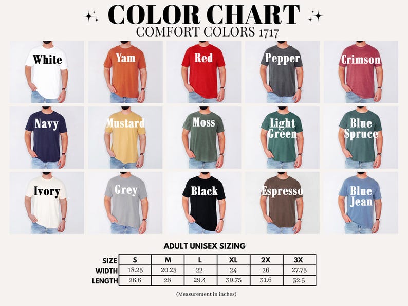 Puede incluir: Carta de colores para camisetas con 18 opciones de colores diferentes. La tabla incluye una tabla de tallas con medidas en pulgadas para S, M, L, XL, 2X y 3X.
