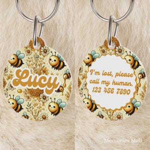 Personalized Pet Tag Bee & Honeycomb, Cute Cartoon Bees with Wings, Happy Expressions, Customizable ID Tags, Custom Name Pet Tags Bee
